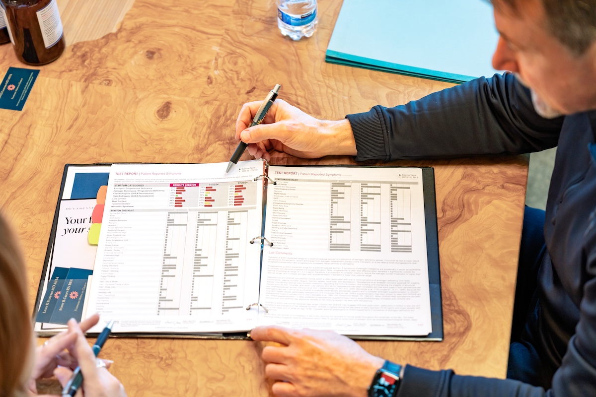 Provider and patient reviewing a functional medicine lab test report and symptom checklist